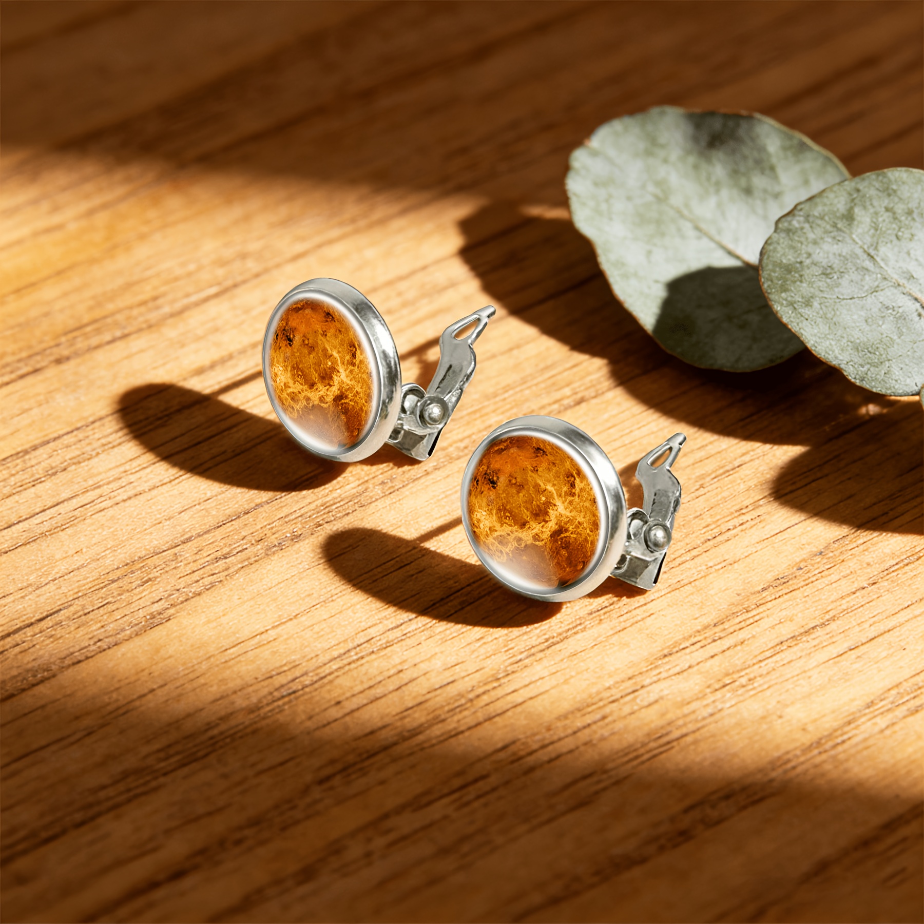 2pcs No-Piercing Round Glass-Faced Earrings Set for Women